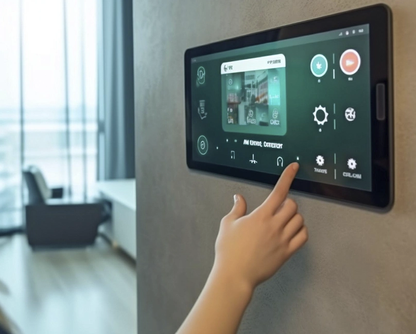 mano tocando tablet de domótica en hogar